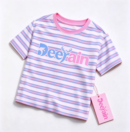 Deerain Kids Short Sleeve T-Shirt, Pink Blue White Striped Crew Neck Crop Top, Letter Print Casual Tee for Girls
