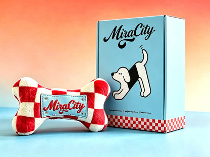 MiraCity Plush Bone Dog Toy, Red White Checkered Squeaky Dog Toy, Cute Stuffed Bone Chew Toy for Puppy Small Medium Dogs, Gift Box Packaging