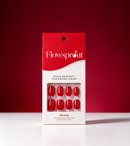 Flowsprout 28Pcs Red False Nails, Short Square Press On Nails, Glossy Solid Color Fake Nails, Reusable Stick On Nails for Women Daily Party Wear
