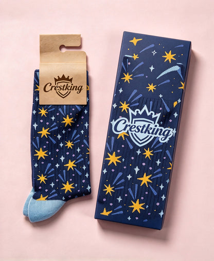 Crestking Star Pattern Crew Socks, Soft Breathable Novelty Mid Calf Socks for Men Women, Cute Starry Sky Dress Socks with Gift Box