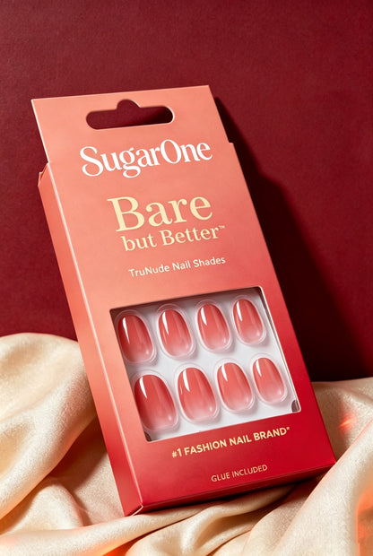 SugarOne Short Oval False Nails, TruNude Gradient Glossy False Nails for Women, Reusable Full Cover Stick on False Nails, Manicure Kit with Nail Glue Included