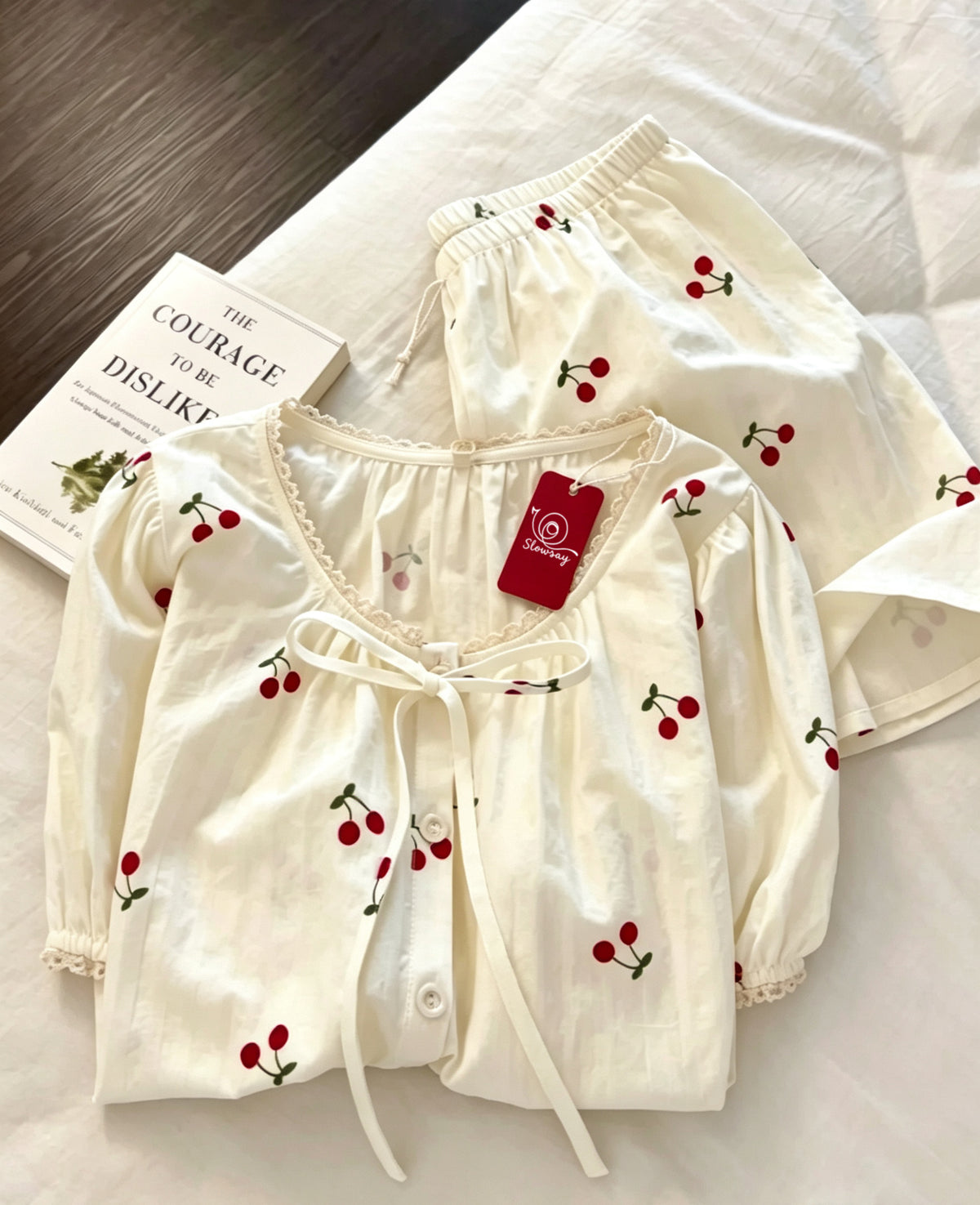 Slowsay Women’s Short Sleeve Sleepwear Set, Sweet Cherry Print Sleepwear with Lace Trim, Front Button Down Bow Loose 2 Piece Pajama Set