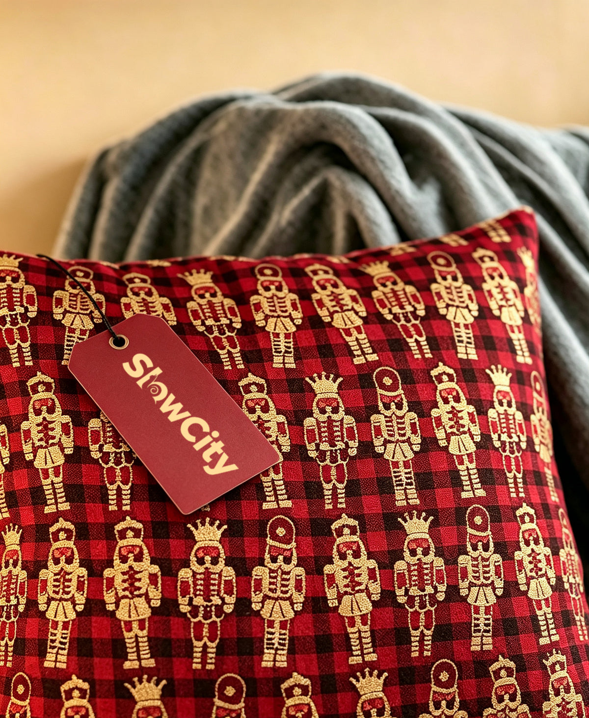 SlowCity Christmas Nutcracker Throw Pillow, Red Buffalo Plaid Square Decorative Pillow, Woven Jacquard Cushion for Sofa Couch Home Holiday Decoration