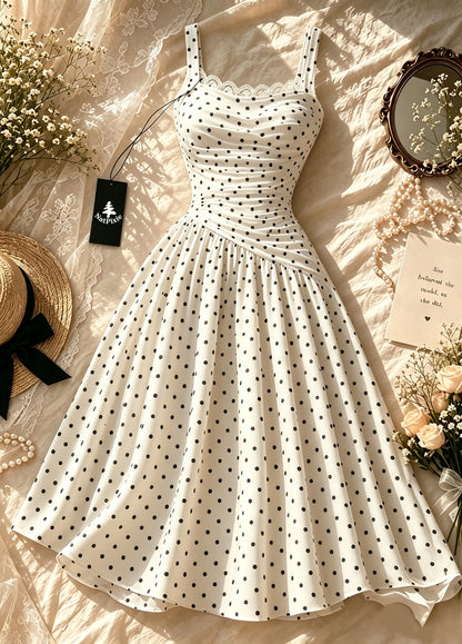 NatPixie Women's Spaghetti Strap Midi Dress, White Black Polka Dot Dress with Lace Trim, Ruched Waist Flowy A Line Summer Dress for Party Vacation