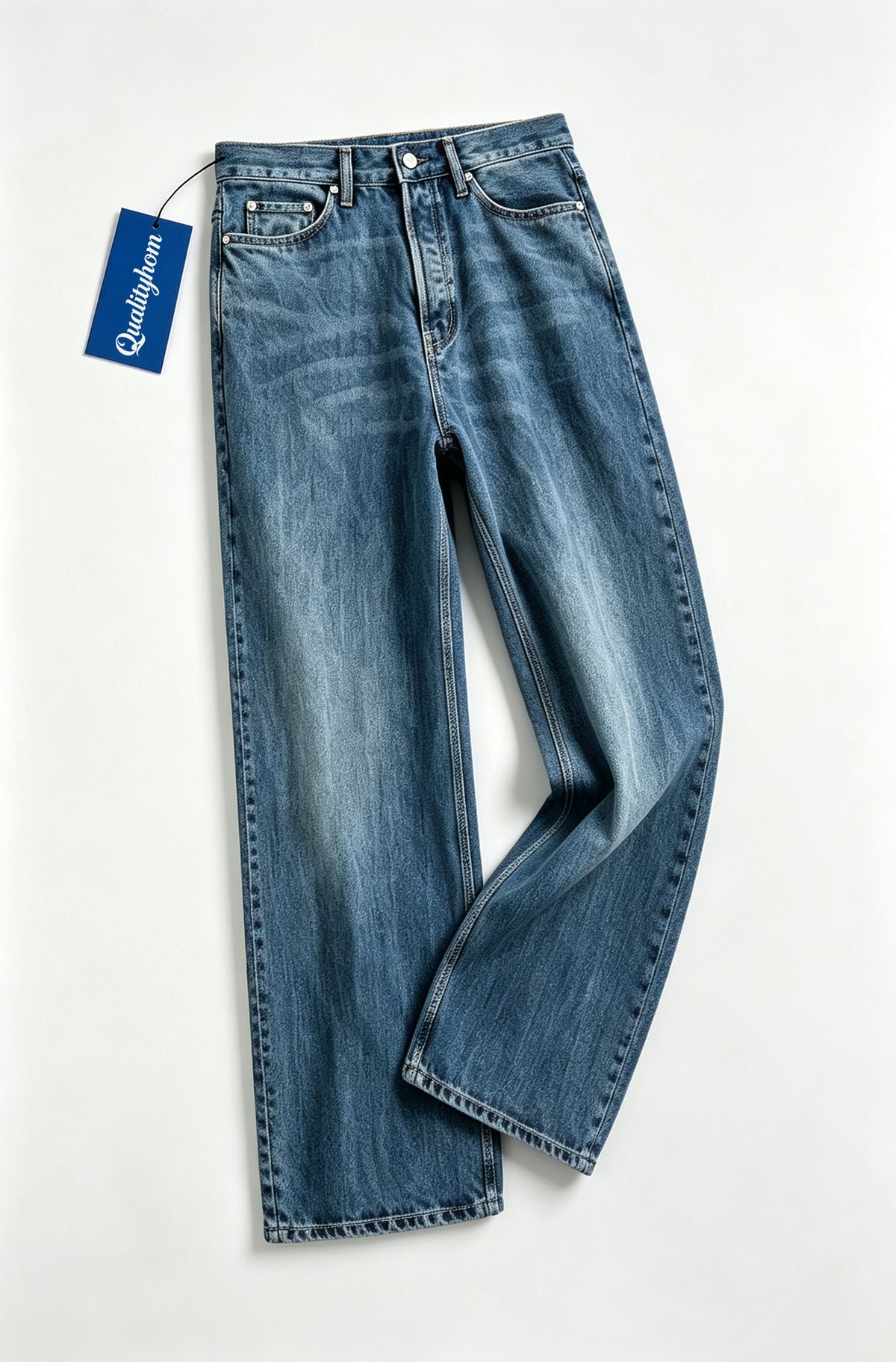 Qualityhom High Waist Wide Leg Jeans for Women, Vintage Washed Loose Denim Pants, Casual Straight Baggy Denim Trousers with Pockets