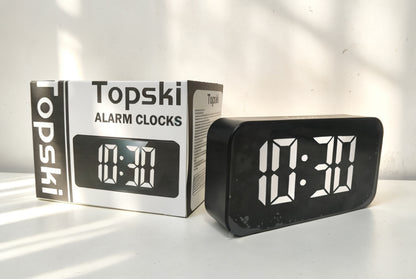 Topski Digital Alarm Clock, Large LED Mirror Display Bedside Clock with Adjustable Brightness, Snooze Function, Dual Power Supply Electronic Clock for Bedroom, Desk, Office, Kids Adults