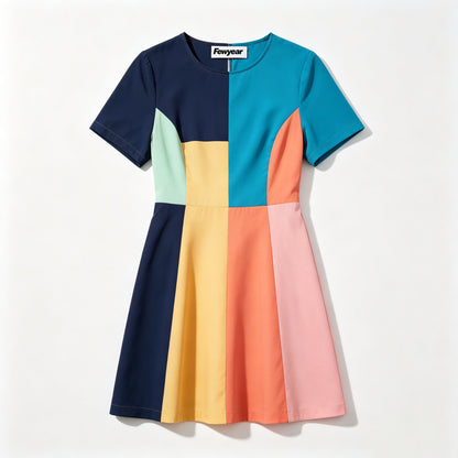 Fewyear Color Block Short Sleeve A Line Dress, Crew Neck Flare Mini Dress, Casual Summer Dress for Women