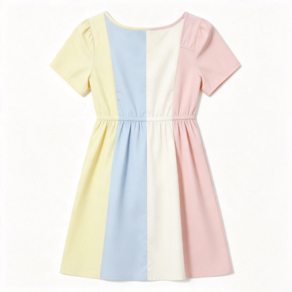 Flowest Girls Short‑Sleeve Color Block Midi Dress, Square Neck Elastic Waist Casual Summer A‑Line Dress