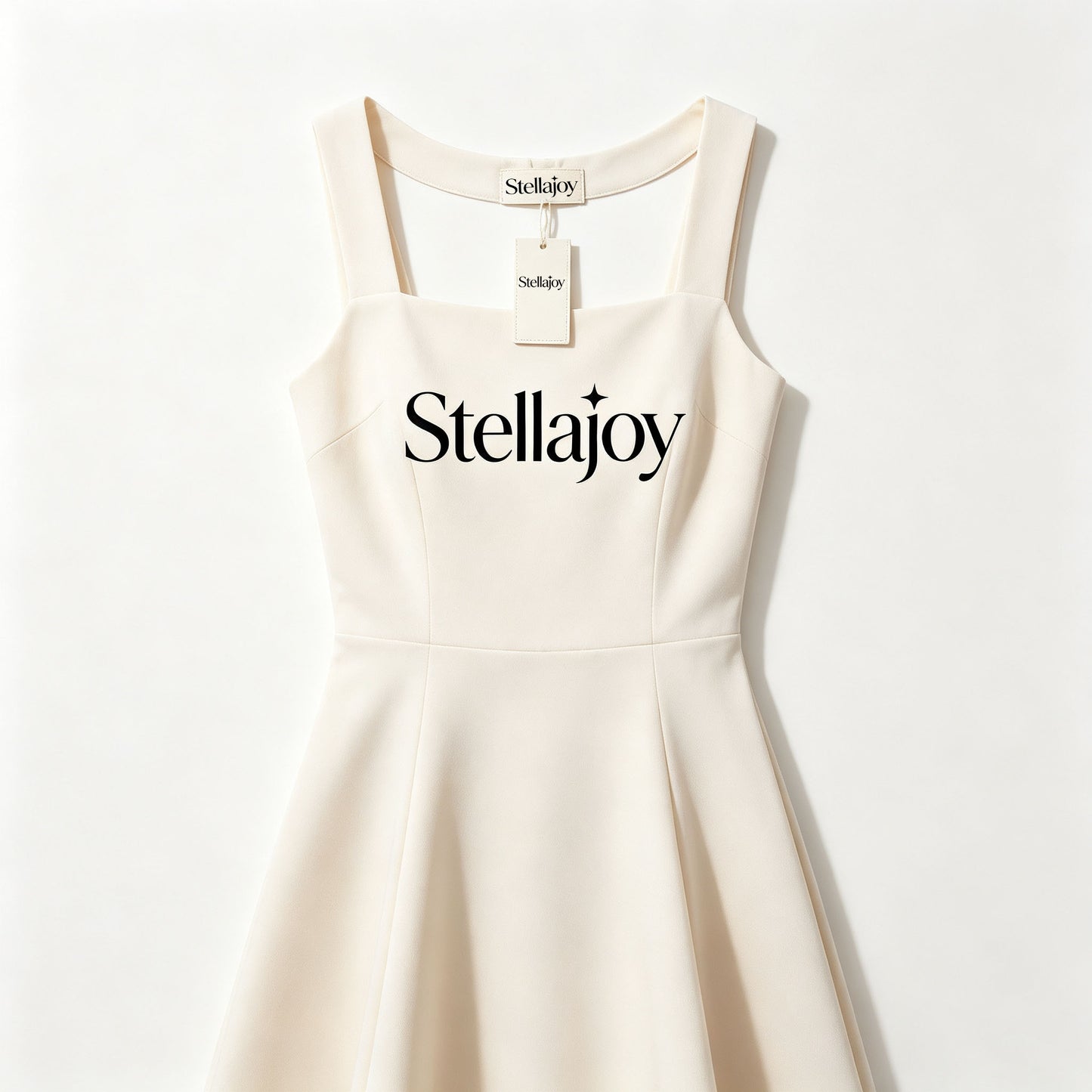 Stellajoy Cream Square Neck Sleeveless A-Line Midi Dress for Women, Elegant Wide Strap Flared Swing Casual Party Dress