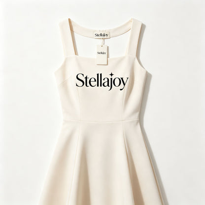 Stellajoy Cream Square Neck Sleeveless A-Line Midi Dress for Women, Elegant Wide Strap Flared Swing Casual Party Dress