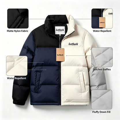 Lotluck Color Block Down Jacket, Men Stand Collar Winter Down Coat, Water Repellent Matte Nylon Warm Outerwear, Loose Casual Quilted Puffer Down Jacket for Cold Weather