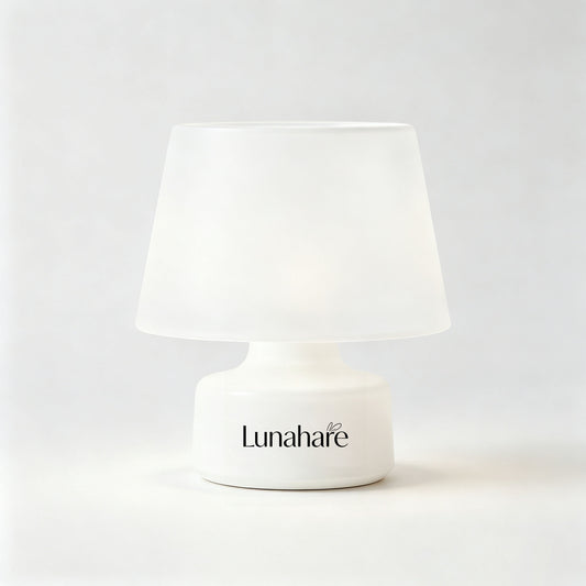 Lunahare Minimalist Small Table Lamp, Soft Glow Dimmable Bedside Night Light, Portable Warm White Mini Desk Lamp, Cozy Ambient Lamp for Bedroom Nursery Living Room Decor