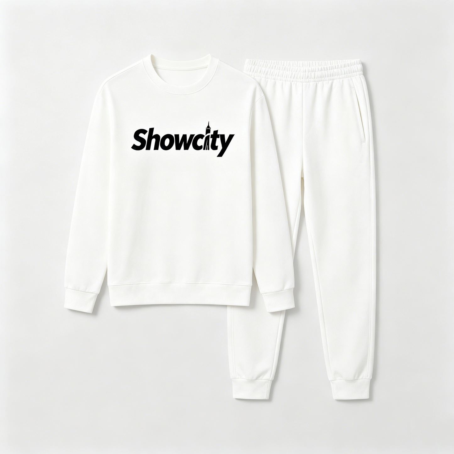 Showcity Classic White Men’s 2-Piece Sweatsuit Crew Neck Graphic Sweatshirt Elastic Cuff Joggers Street Casual Tracksuit