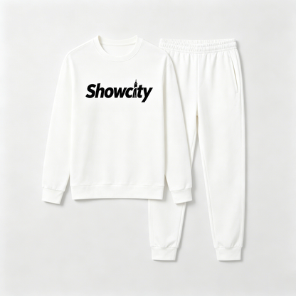 Showcity Classic White Men’s 2-Piece Sweatsuit Crew Neck Graphic Sweatshirt Elastic Cuff Joggers Street Casual Tracksuit