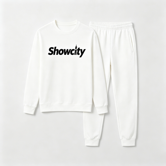 Showcity Classic White Men’s 2-Piece Sweatsuit Crew Neck Graphic Sweatshirt Elastic Cuff Joggers Street Casual Tracksuit