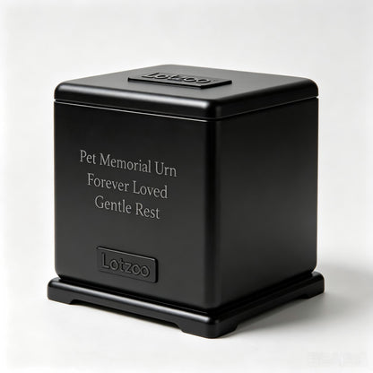 Lotzoo Pet Memorial Urn, Square Pet Ashes Keepsake Urn for Dogs Cats, Black Decorative Pet Cremation Urn with Base, Forever Loved Engraved Pet Funeral Urn for Small Medium Pets