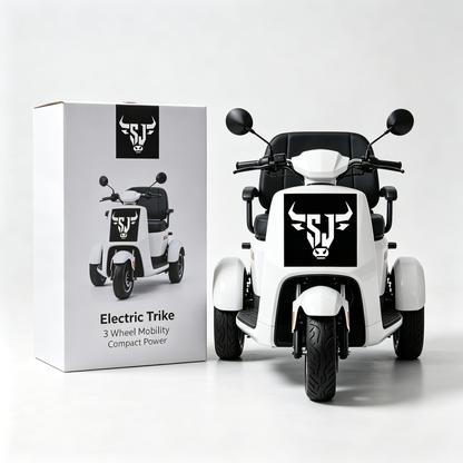 Bull Head Graphic Mark 3 Wheel Electric Mobility Scooter, Adult Electric Trike with Large Padded Seat, Long Battery Life Mobility Vehicle for Seniors & Handicapped, Indoor & Outdoor Daily Travel
