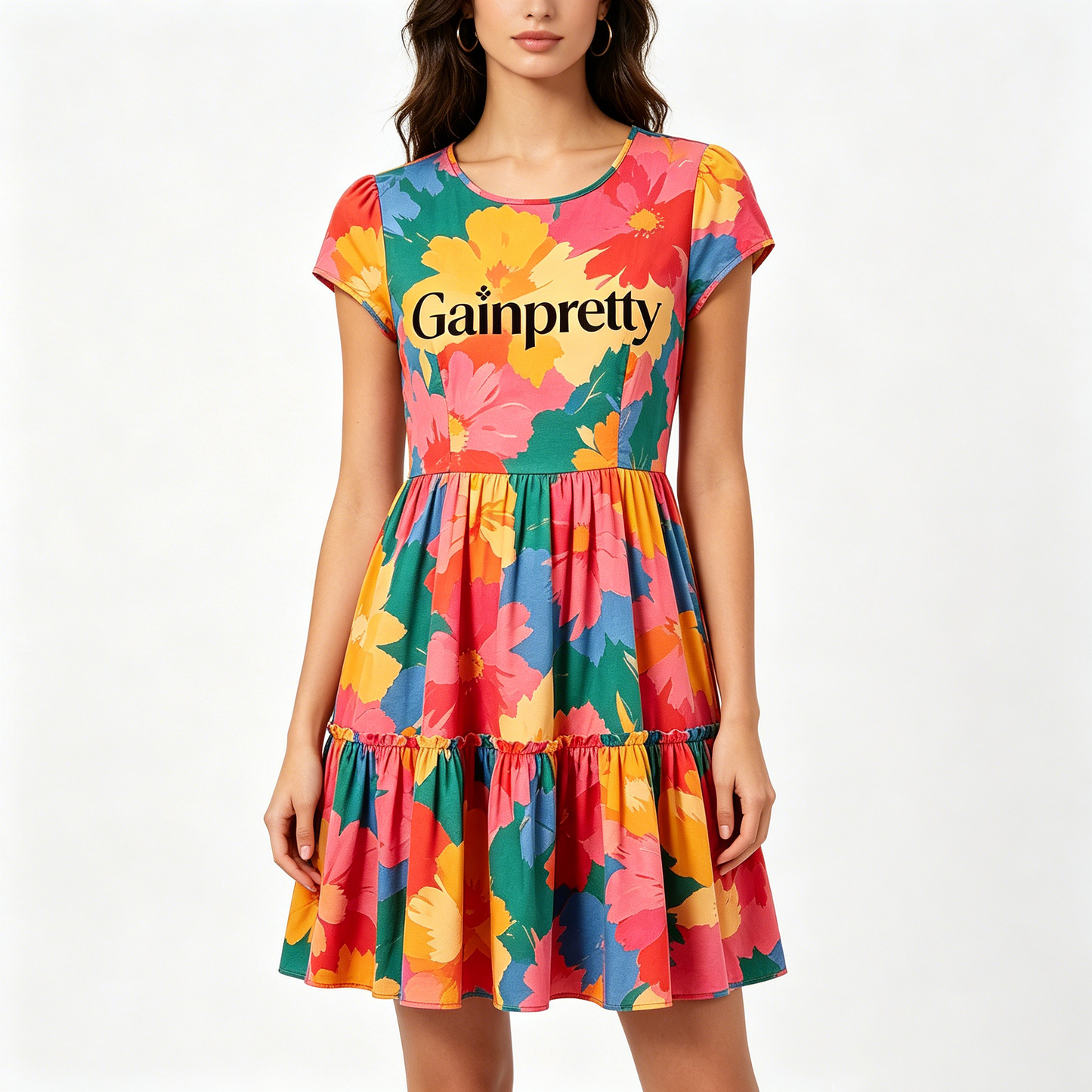 Gainpretty Women’s Floral Print Short Sleeve Dress, Casual Tiered A-Line Mini Dress, Summer Swing Dress for Beach, Party & Daily Wear