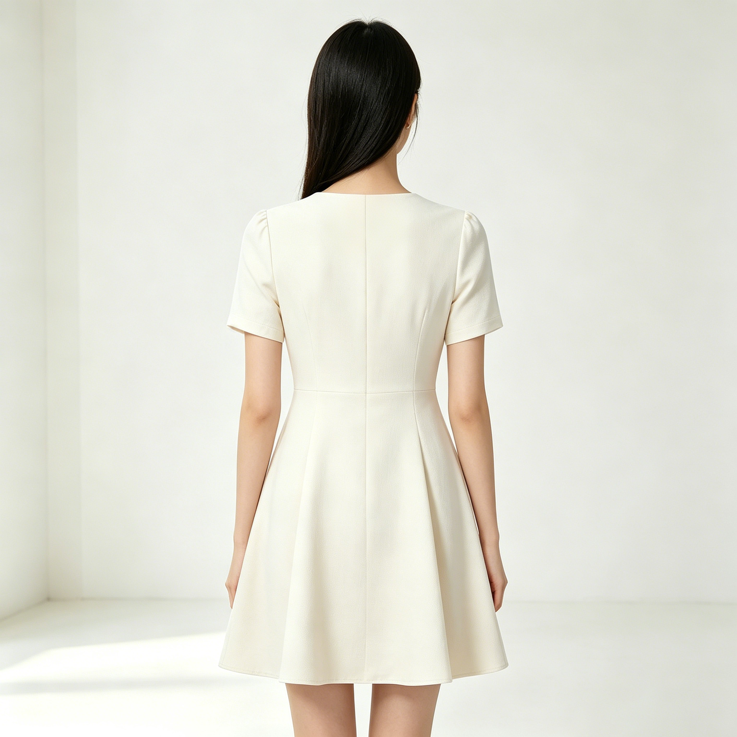 Artpoem Women Short Sleeve Round Neck A-Line Mini Dress, Elegant Work Office Flared Skater Dress, Casual Business Wedding Guest Short Cream Dress with Back Zipper