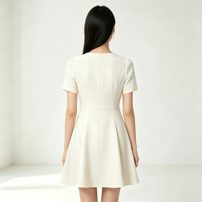 Artpoem Women Short Sleeve Round Neck A-Line Mini Dress, Elegant Work Office Flared Skater Dress, Casual Business Wedding Guest Short Cream Dress with Back Zipper
