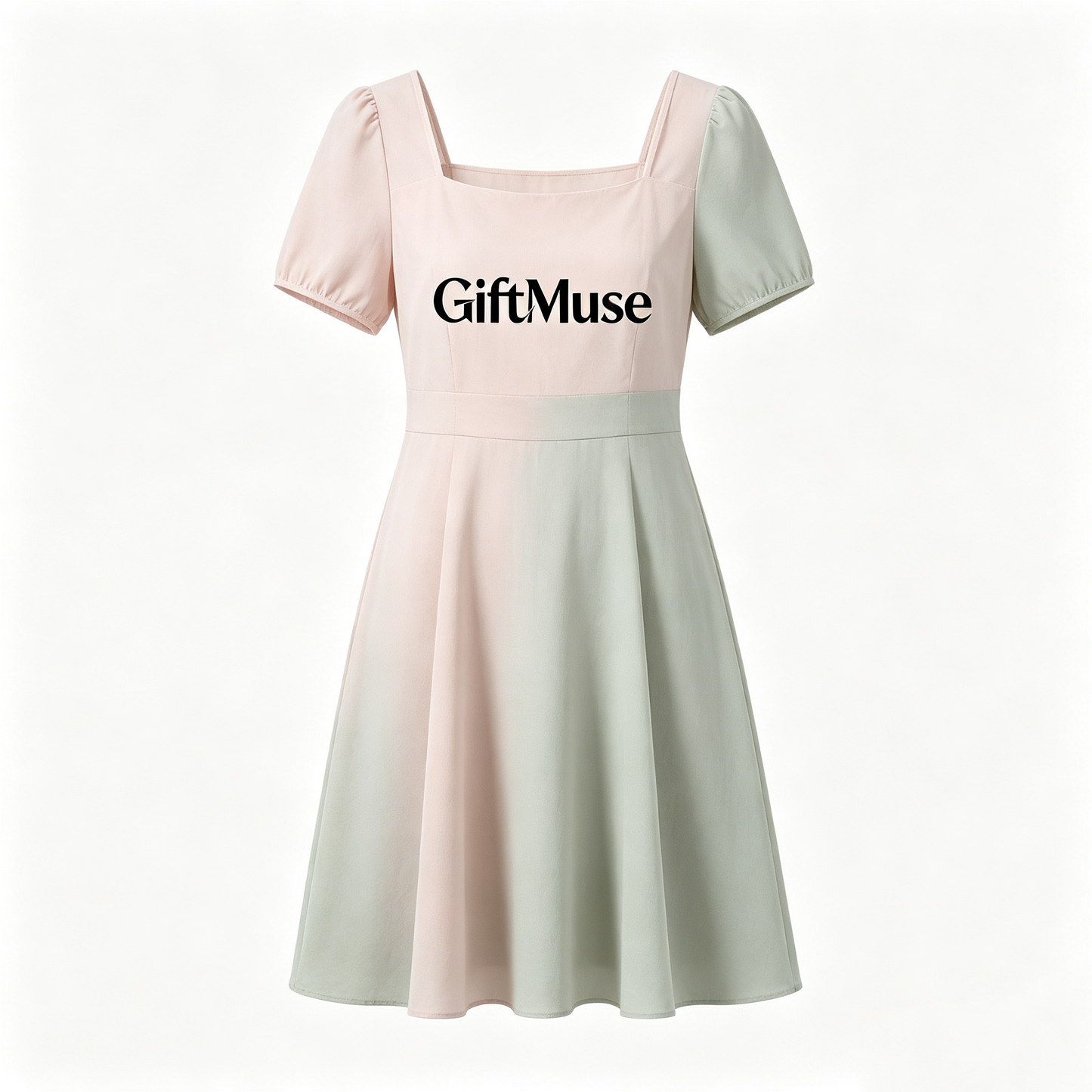 GiftMuse Square Neck Puff Sleeve Midi Dress Women Color Block A-Line Flowy Swing Casual Party Dress