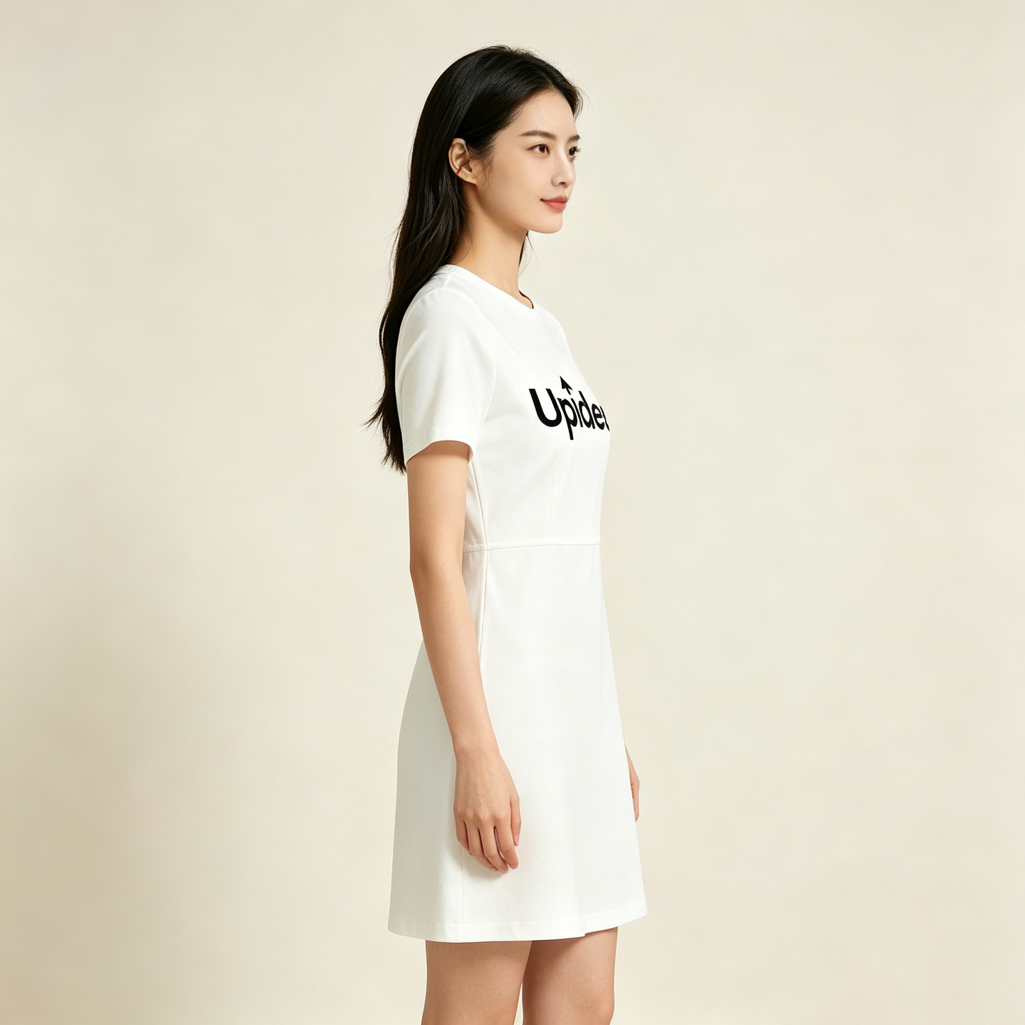 Upidea Crew Neck Short Sleeve Mini Dress, Waist Cinched A-Line White Mini Dress, Wrinkle Resistant Soft Casual Short Dress for Office Daily Street Dating Outfit