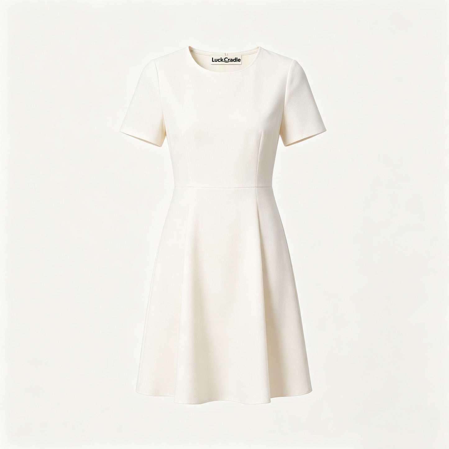 LuckCradle Women's Crew Neck Short Sleeve Flare Mini Dress, Solid Cream‑White Waist‑Fit A‑Line Formal Casual Short Dress