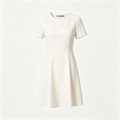 LuckCradle Women's Crew Neck Short Sleeve Flare Mini Dress, Solid Cream‑White Waist‑Fit A‑Line Formal Casual Short Dress