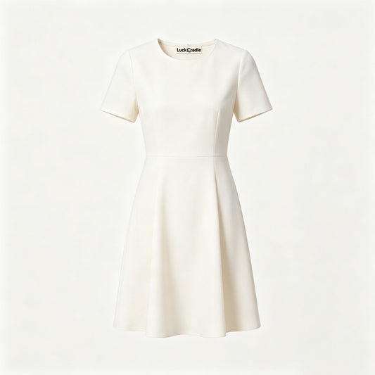 LuckCradle Women's Crew Neck Short Sleeve Flare Mini Dress, Solid Cream‑White Waist‑Fit A‑Line Formal Casual Short Dress