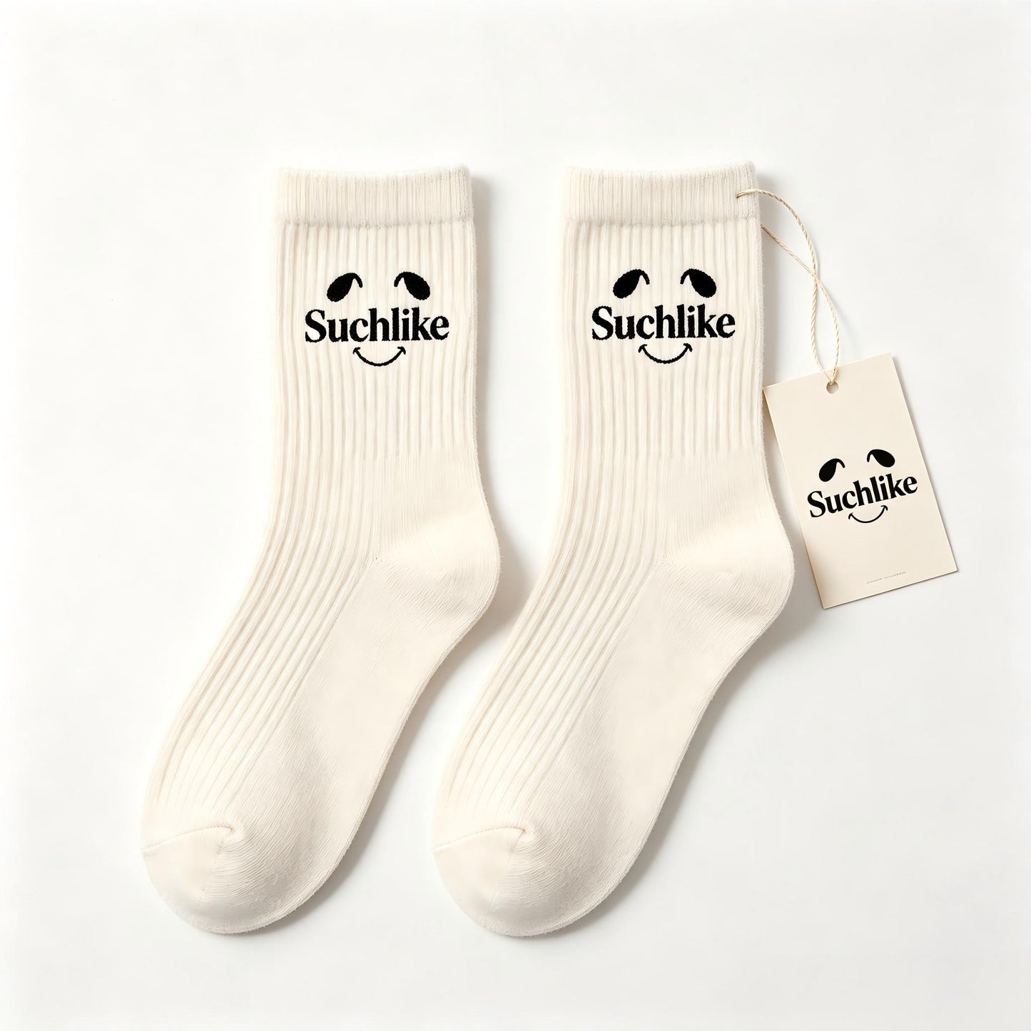 Suchlike Smile Logo Crew Socks, Soft Cotton Ribbed Casual Mid Calf Socks, Breathable Fashion Daily Dress Socks for Women Men, Gift Box Packed