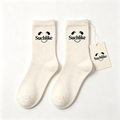 Suchlike Smile Logo Crew Socks, Soft Cotton Ribbed Casual Mid Calf Socks, Breathable Fashion Daily Dress Socks for Women Men, Gift Box Packed