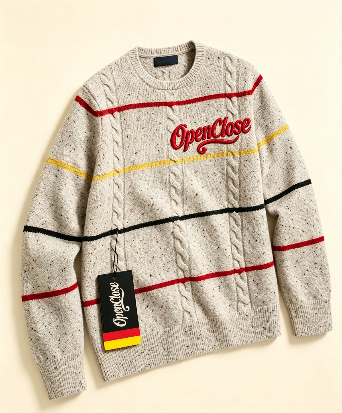 OpenClose Men's Cable Knit Crew Neck Sweater, Color Striped Speckled Knit Pullover Long Sleeve Casual Jumper for Fall Winter