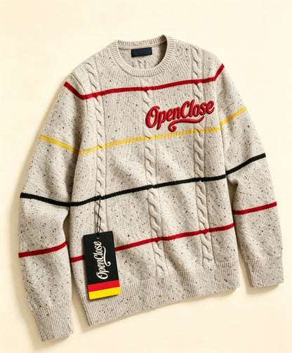 OpenClose Men's Cable Knit Crew Neck Sweater, Color Striped Speckled Knit Pullover Long Sleeve Casual Jumper for Fall Winter