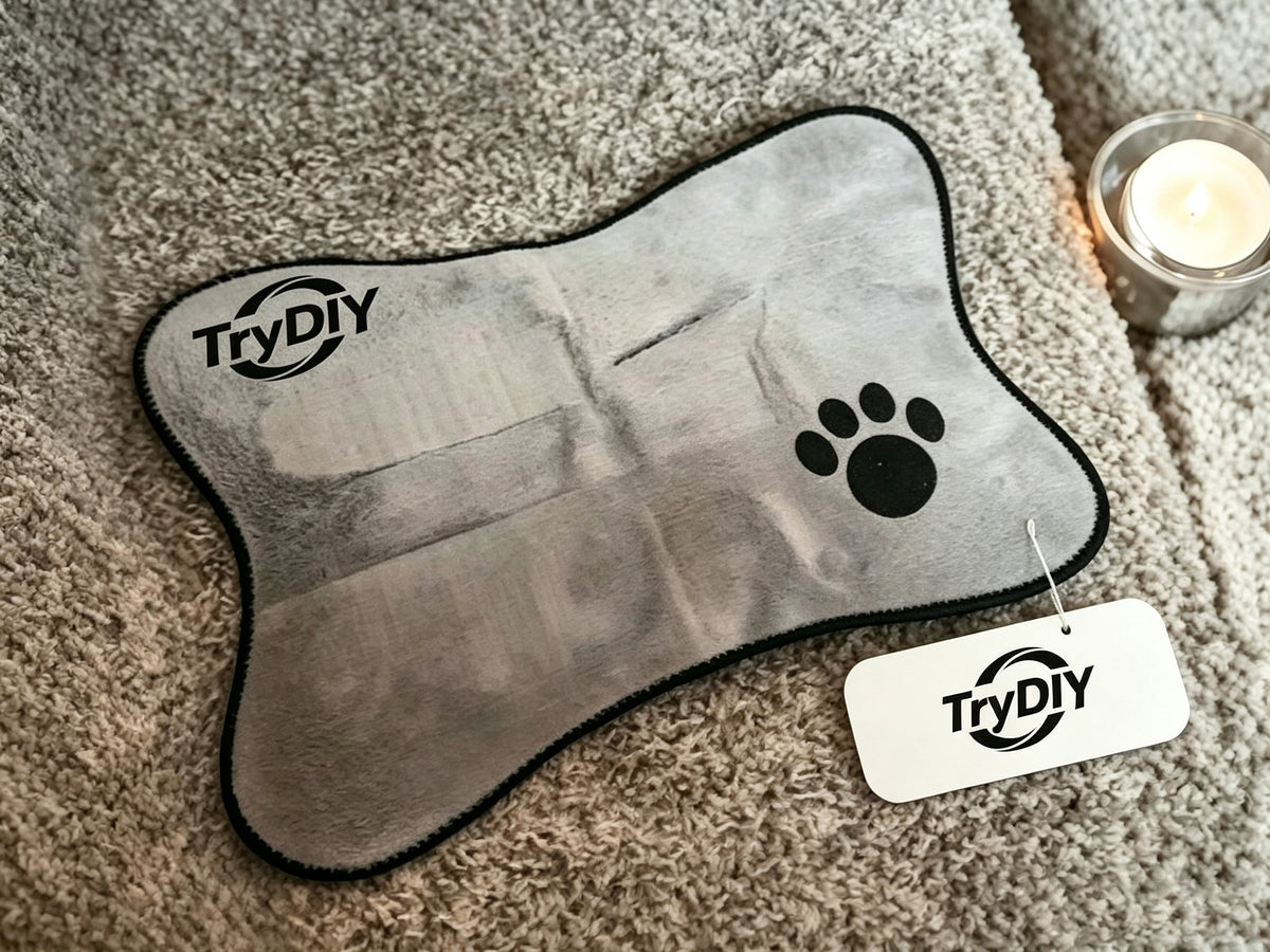 TryDIY Bone Shaped Dog Mat, Soft Plush Pet Cushion with Paw Print, Non Slip Feeding Mat for Puppy Kitten, Washable Pet Bed Pad for Food Water Bowl