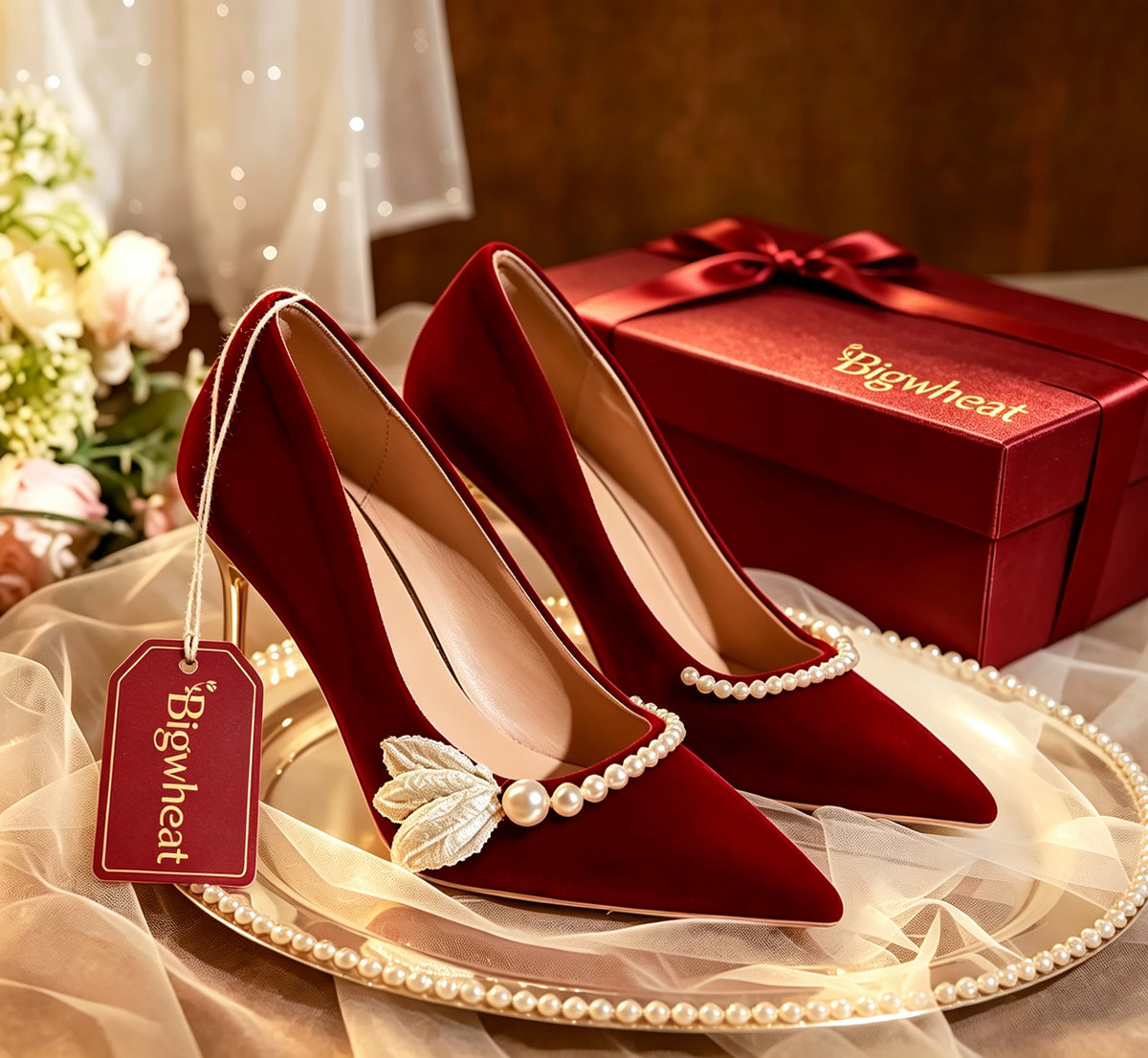 Bigwheat Women's Red Velvet High Heels, Pointed Toe Pearl Embroidery Flower Pumps, Stiletto Heel Bridal Wedding Shoes for Party Banquet