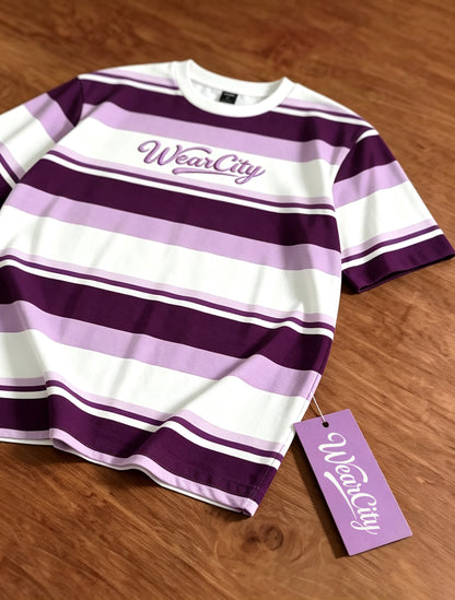 WearCity Striped Short Sleeve T-Shirt, Men Women Crew Neck Tee with Embroidery Letter, Casual Loose Fit Color Block Stripe T Shirt for Summer Daily Wear