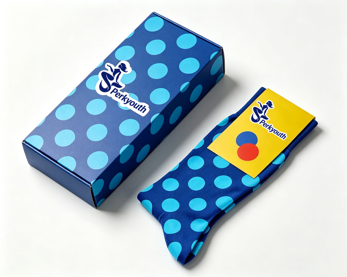 Perkyouth Polka Dot Crew Socks, Blue Base with Light Blue Dots Fashion Casual Cotton Socks, Gift Box Packed Trendy Socks for Men Women
