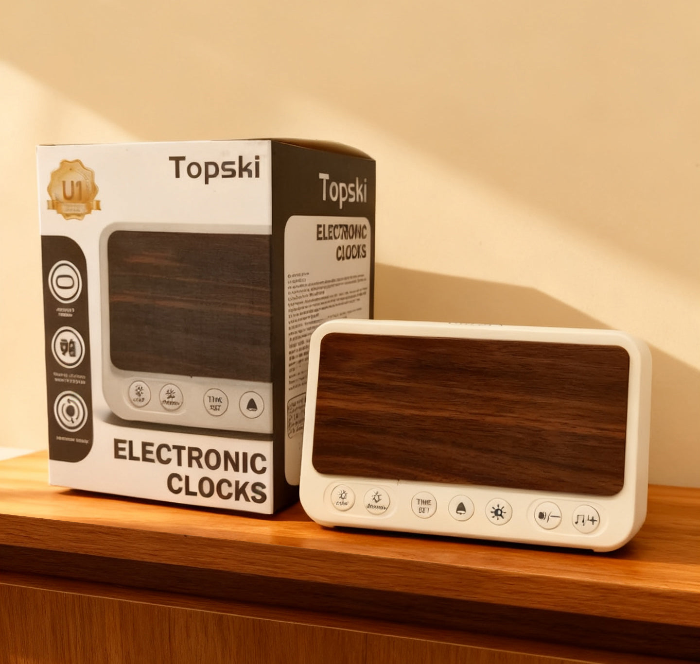 Topski Wooden Texture Electronic clocks, Adjustable LED Brightness Snooze Alarm Clock with USB Charging Port, Dual Power Supply Bedroom Bedside Electronic Clock for Students, Office Workers, Home Decor