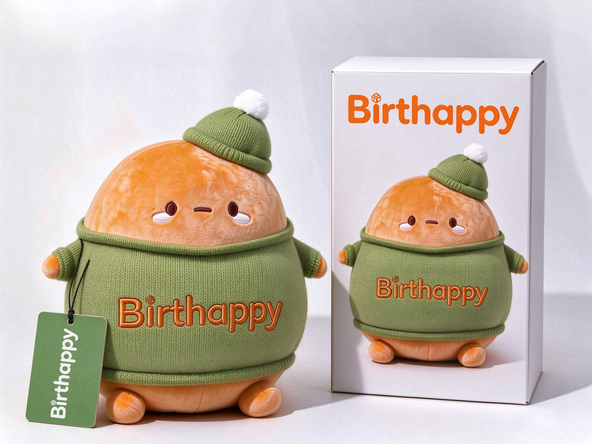 Birthappy Cute Round Plush Toy, Soft Stuffed Animal Doll with Knitted Sweater & Pom Pom Beanie, Gift Box Packaging for Birthday Christmas