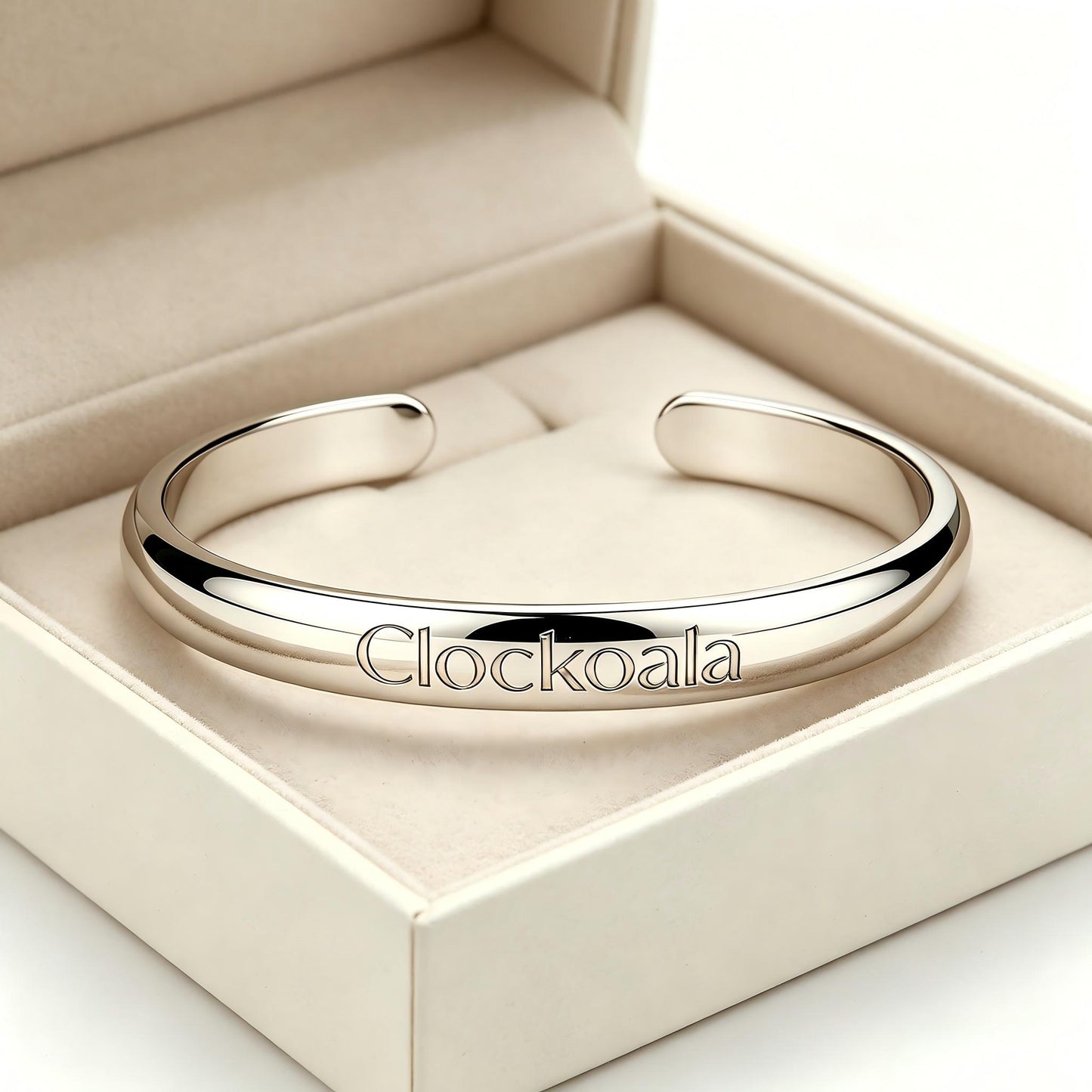 Clockoala Polished Silver Open Cuff Bracelets, Minimalist Engraved Brand Name Bangle Bracelet, Adjustable Tarnish Resistant Metal Bracelets Jewelry Gift for Women Men
