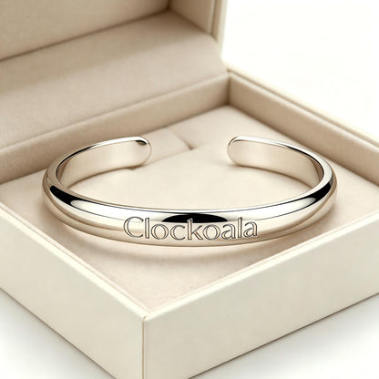 Clockoala Polished Silver Open Cuff Bracelets, Minimalist Engraved Brand Name Bangle Bracelet, Adjustable Tarnish Resistant Metal Bracelets Jewelry Gift for Women Men