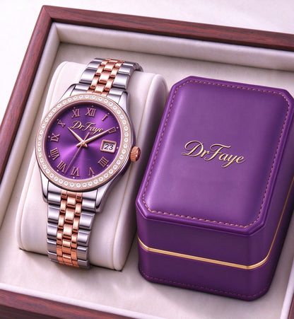 DrFaye Women's Quartz Watch, Two-Tone Stainless Steel Bracelet Wrist Watch with Purple Dial, Crystal Bezel and Date Window, Elegant Dress Watch for Ladies Gift