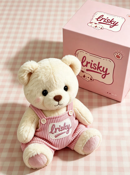 lrisky cute teddy bear plush doll with gift box, soft stuffed animal bear wearing pink overalls, birthday gift for girls & kids