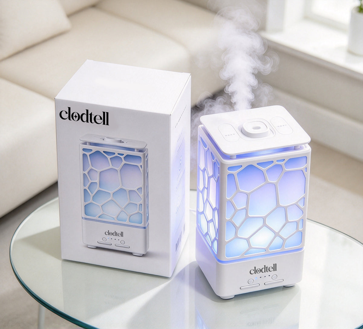 clodtell Ultrasonic Cool Mist Humidifier, Color Changing LED Night Light, 2 Mist Modes, Waterless Auto Shut-Off, Hollow Geometric Desktop Humidifier for Bedroom Home Office