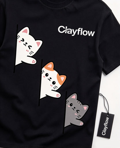 Clayflow Cute Peeking Cats Graphic T-Shirt, Casual Short Sleeve Crew Neck Tee, Funny Cartoon Kitten Print Shirt for Men Women