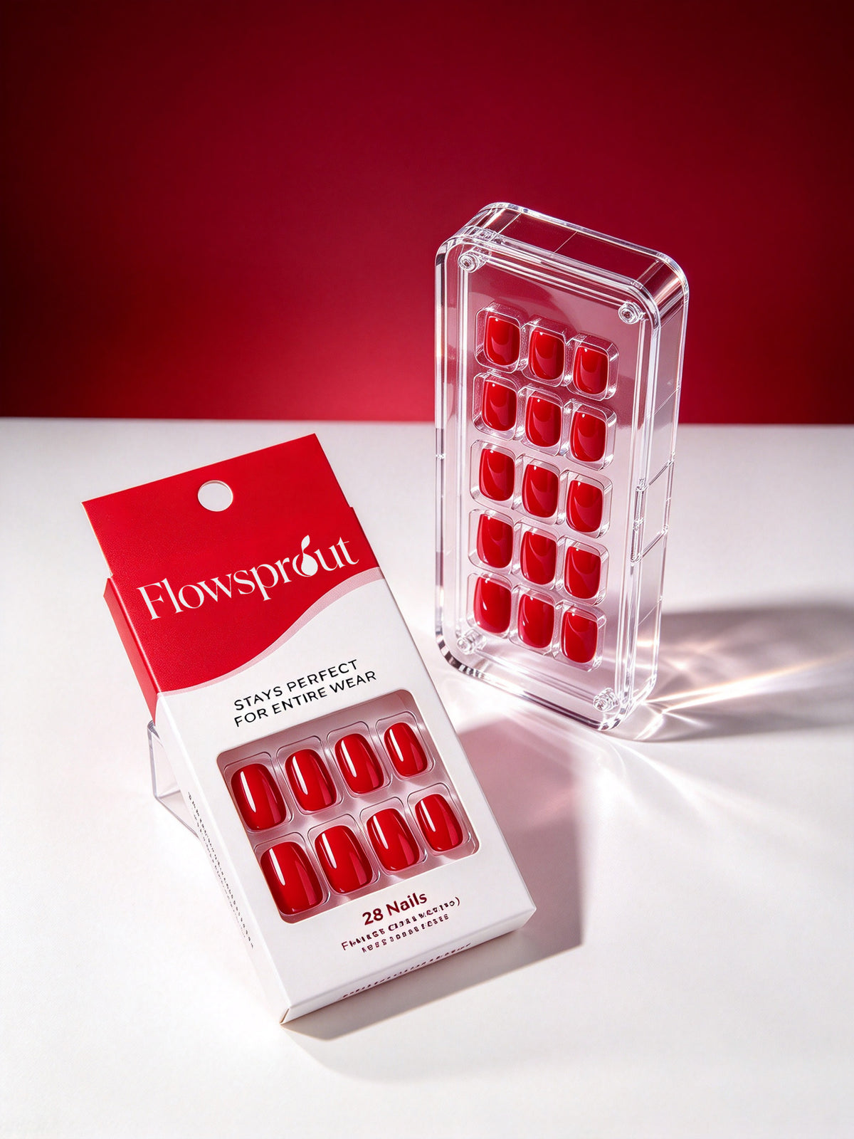 Flowsprout 28Pcs Red False Nails, Short Square Press On Nails, Glossy Solid Color Fake Nails, Reusable Stick On Nails for Women Daily Party Wear