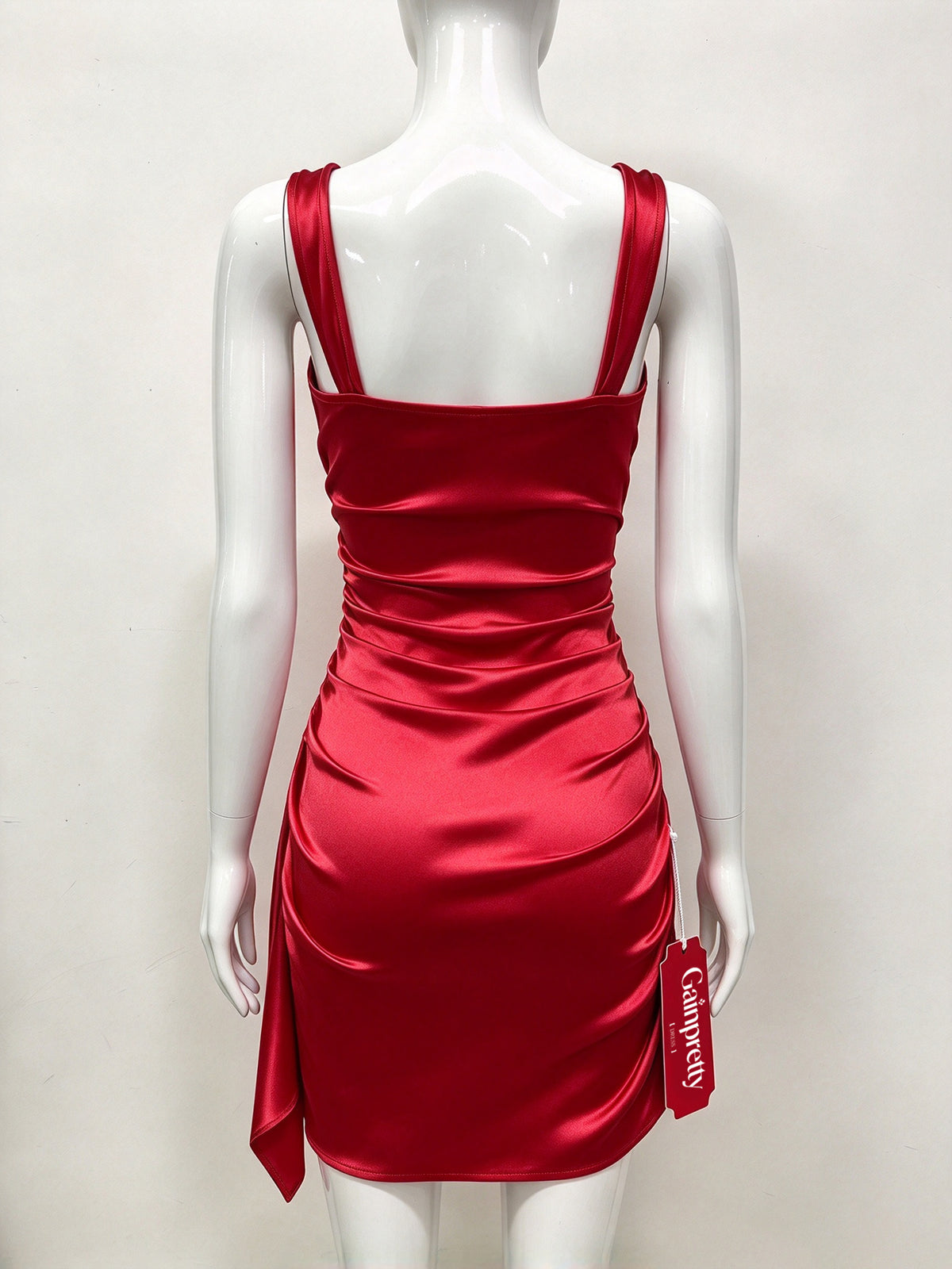 Gainpretty Women's Satin Slip Mini Dress, Square Neck Spaghetti Wide Strap Bodycon Ruched Short Dress, Cocktail Party Club Night Out Dresses