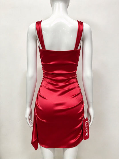 Gainpretty Women's Satin Slip Mini Dress, Square Neck Spaghetti Wide Strap Bodycon Ruched Short Dress, Cocktail Party Club Night Out Dresses