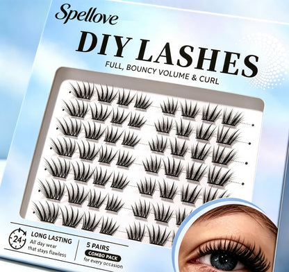 Spellove DIY Segment False Eyelashes, Individual Cluster False Eyelashes, 5 Pairs Combo Pack, Fluffy Volume Wispy Lashes, Reusable DIY False Eyelashes for Home Use