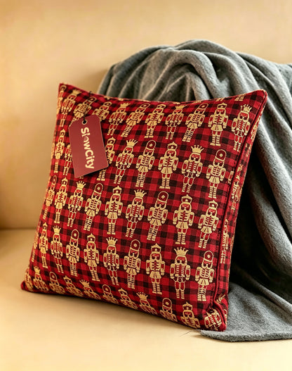 SlowCity Christmas Nutcracker Throw Pillow, Red Buffalo Plaid Square Decorative Pillow, Woven Jacquard Cushion for Sofa Couch Home Holiday Decoration